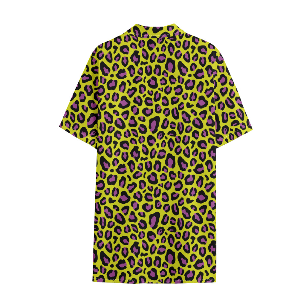 Yellow And Purple Leopard Pattern Print Cotton Hawaiian Shirt