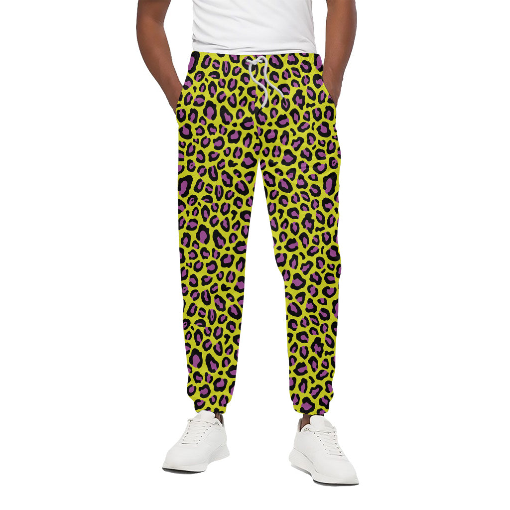 Yellow And Purple Leopard Pattern Print Cotton Pants