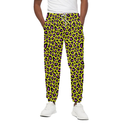 Yellow And Purple Leopard Pattern Print Cotton Pants