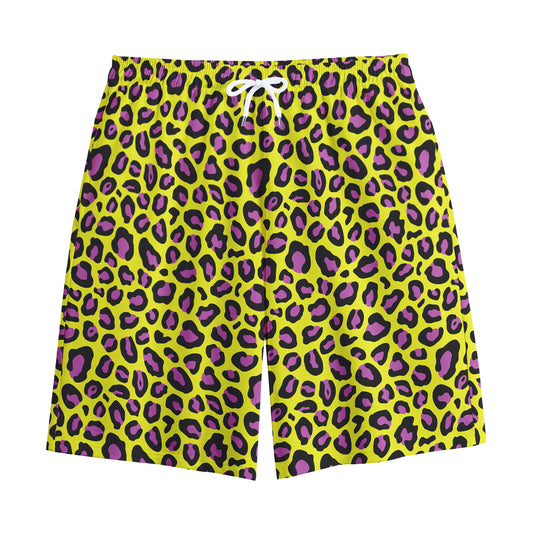 Yellow And Purple Leopard Pattern Print Cotton Shorts