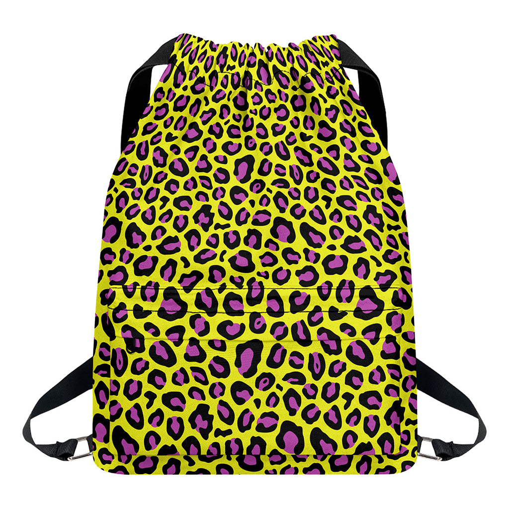 Yellow And Purple Leopard Pattern Print Drawstring Backpack