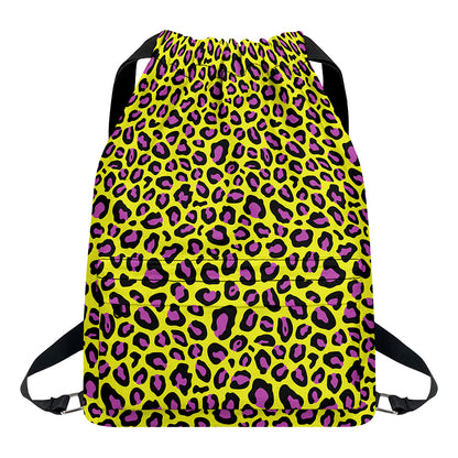Yellow And Purple Leopard Pattern Print Drawstring Backpack