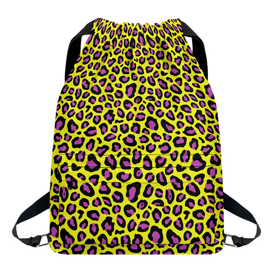 Yellow And Purple Leopard Pattern Print Drawstring Backpack