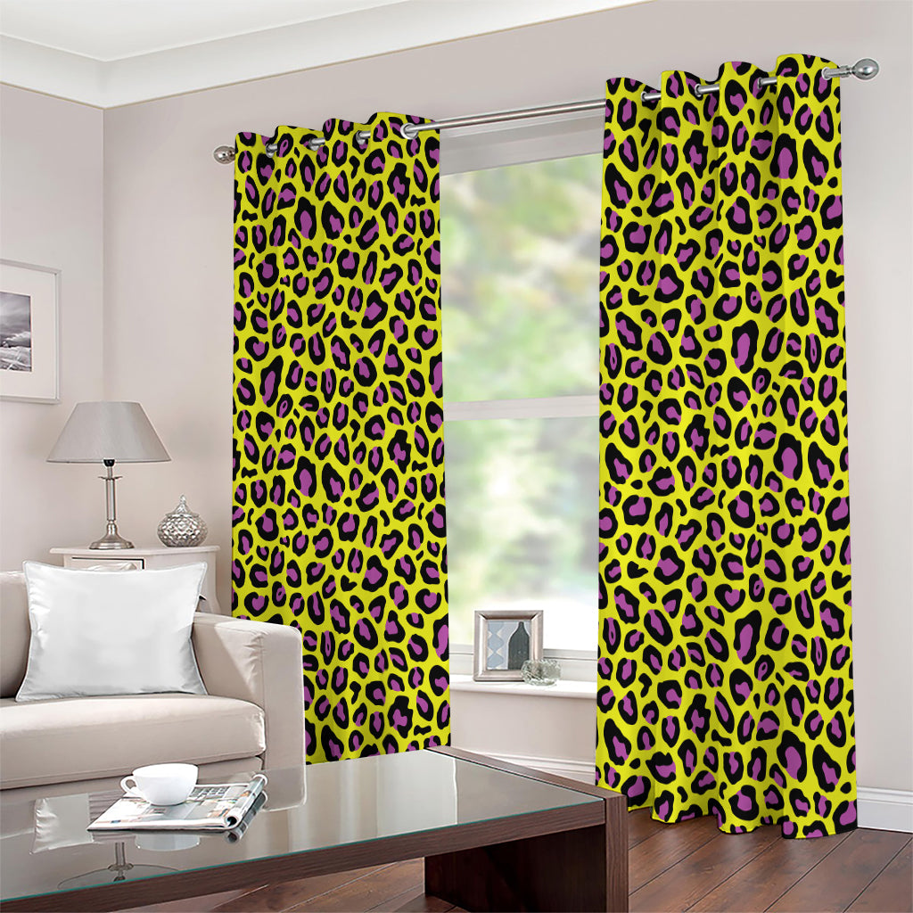 Yellow And Purple Leopard Pattern Print Extra Wide Grommet Curtains
