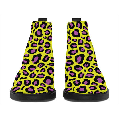 Yellow And Purple Leopard Pattern Print Flat Ankle Boots