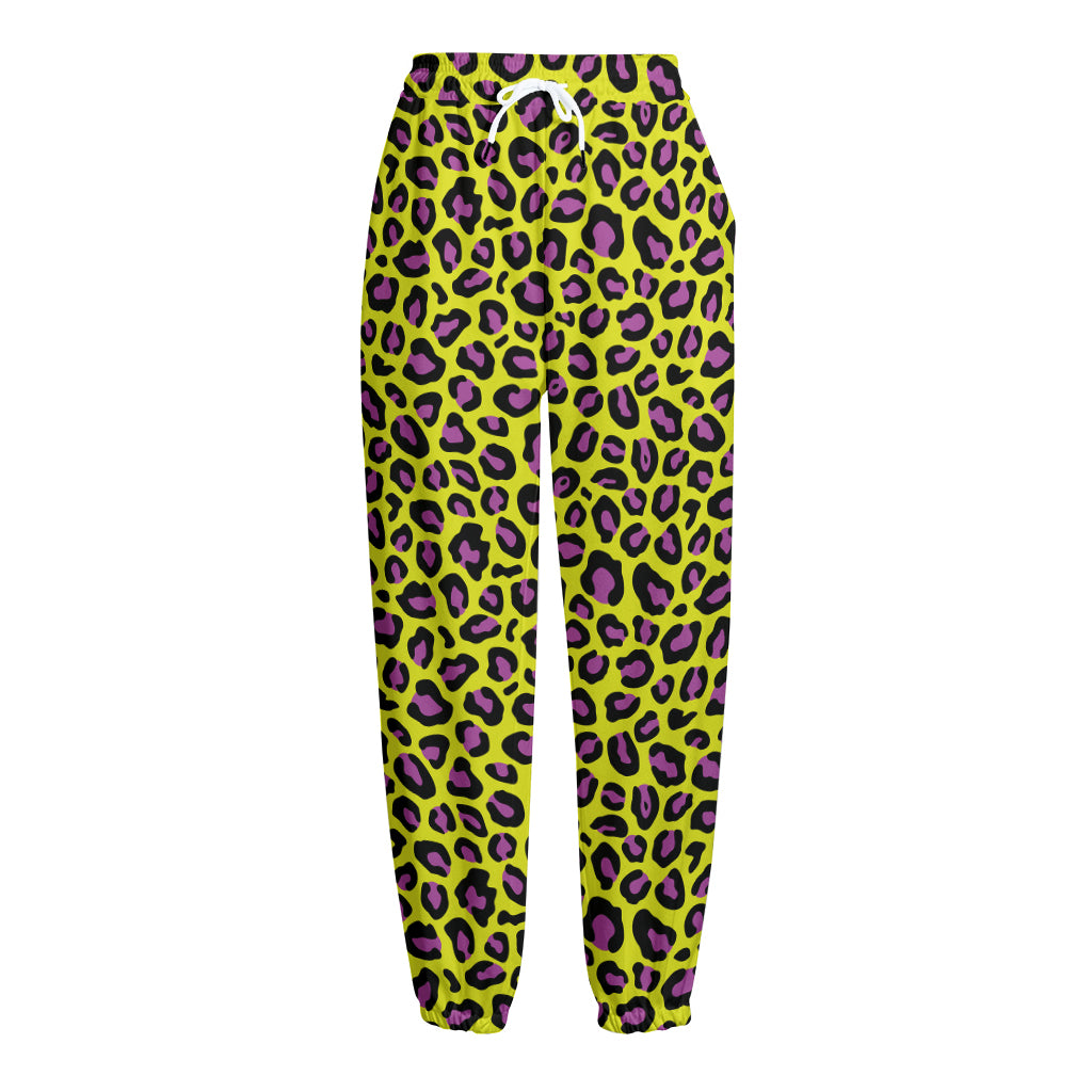 Yellow And Purple Leopard Pattern Print Fleece Lined Knit Pants