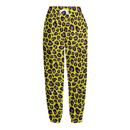 Yellow And Purple Leopard Pattern Print Fleece Lined Knit Pants