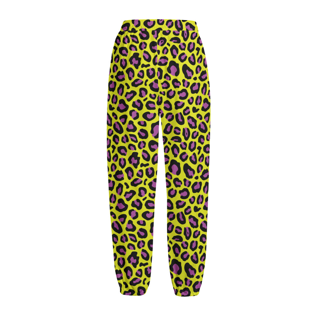 Yellow And Purple Leopard Pattern Print Fleece Lined Knit Pants