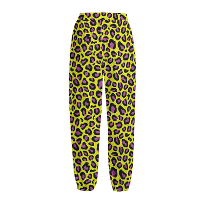 Yellow And Purple Leopard Pattern Print Fleece Lined Knit Pants