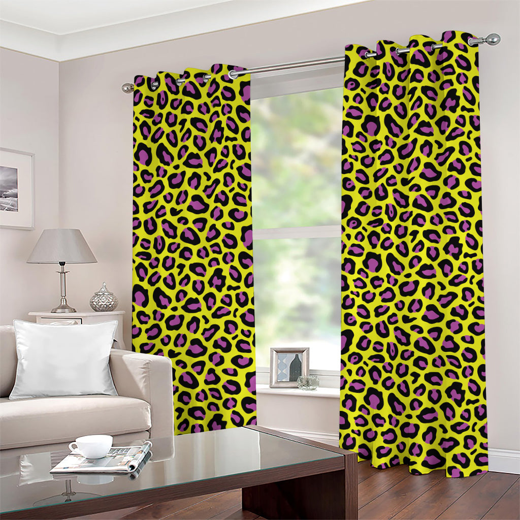 Yellow And Purple Leopard Pattern Print Grommet Curtains