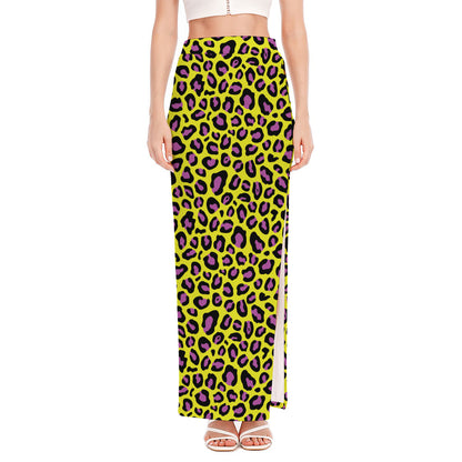 Yellow And Purple Leopard Pattern Print High Slit Maxi Skirt