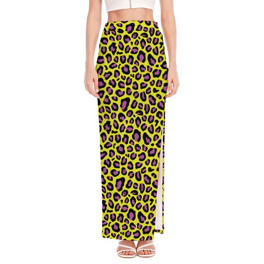 Yellow And Purple Leopard Pattern Print High Slit Maxi Skirt