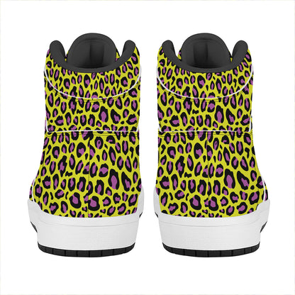Yellow And Purple Leopard Pattern Print High Top Leather Sneakers