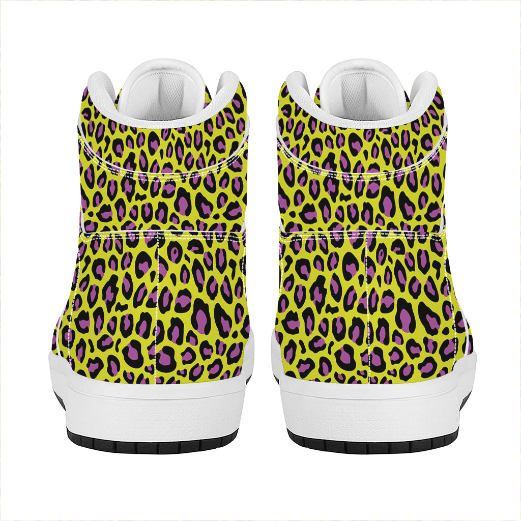 Yellow And Purple Leopard Pattern Print High Top Leather Sneakers