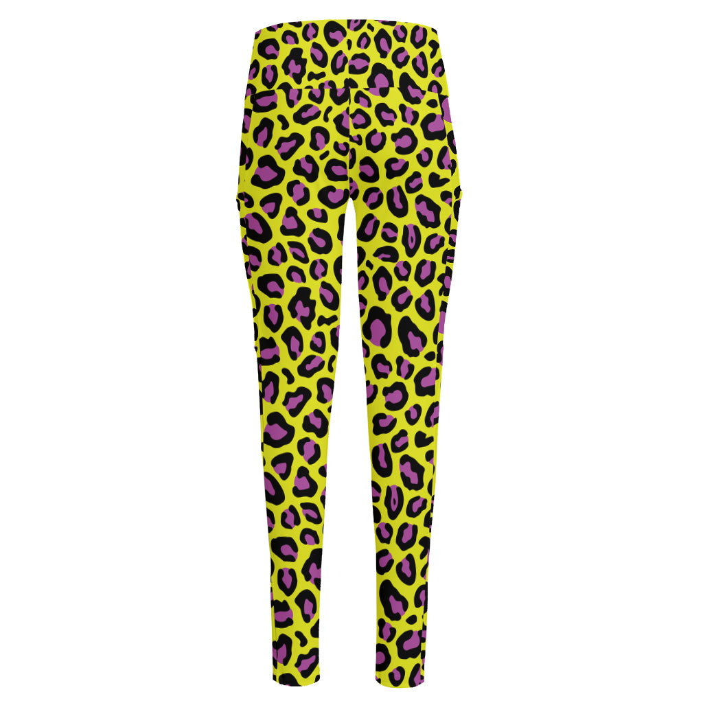 Yellow And Purple Leopard Pattern Print High-Waisted Pocket Leggings
