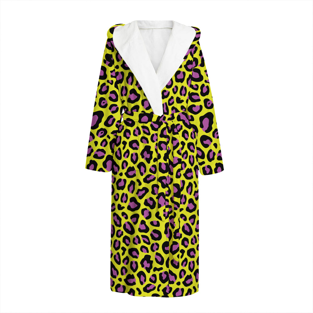 Yellow And Purple Leopard Pattern Print Hooded Bathrobe