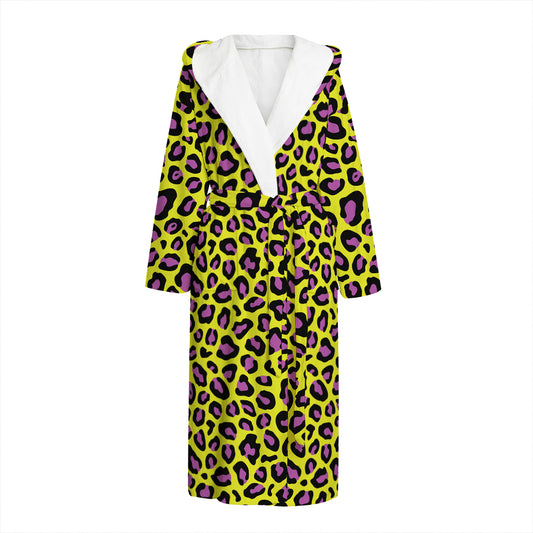 Yellow And Purple Leopard Pattern Print Hooded Bathrobe