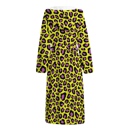 Yellow And Purple Leopard Pattern Print Hooded Bathrobe