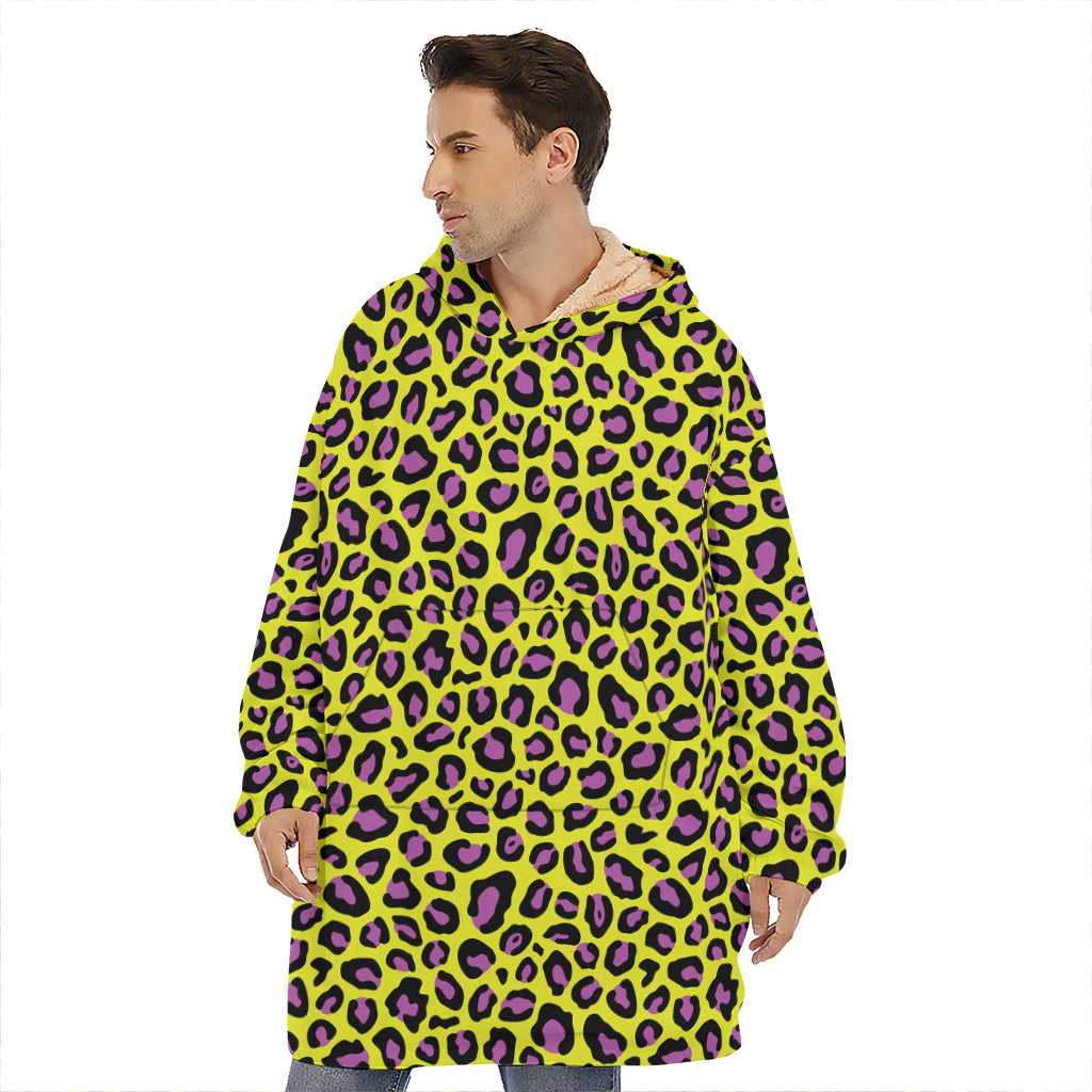 Yellow And Purple Leopard Pattern Print Hoodie Blanket