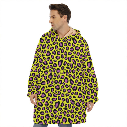 Yellow And Purple Leopard Pattern Print Hoodie Blanket