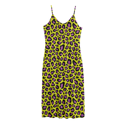 Yellow And Purple Leopard Pattern Print Jersey Midi Cami Dress