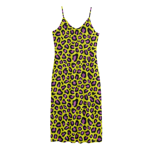 Yellow And Purple Leopard Pattern Print Jersey Midi Cami Dress