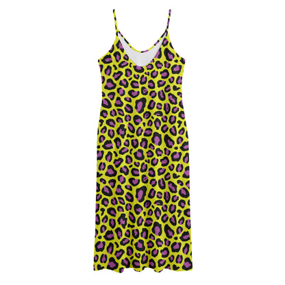 Yellow And Purple Leopard Pattern Print Jersey Midi Cami Dress