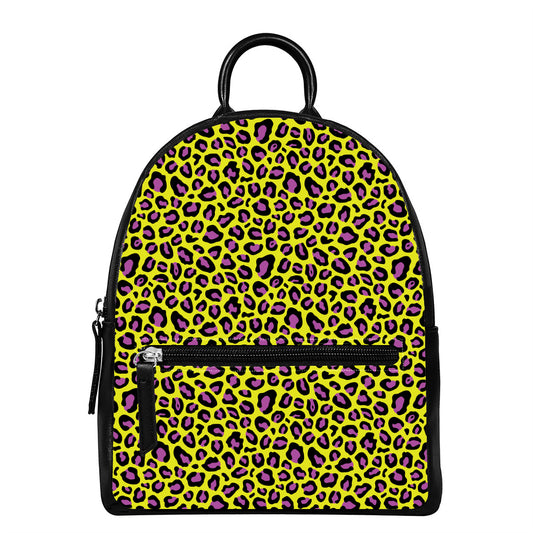 Yellow And Purple Leopard Pattern Print Leather Backpack