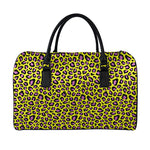 Yellow And Purple Leopard Pattern Print Leather Duffle Bag