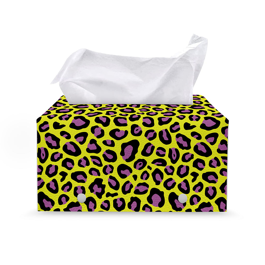 Yellow And Purple Leopard Pattern Print Leather Tissue Box Cover