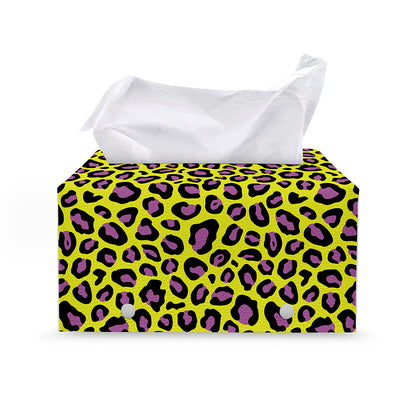 Yellow And Purple Leopard Pattern Print Leather Tissue Box Cover