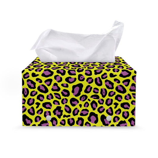 Yellow And Purple Leopard Pattern Print Leather Tissue Box Cover