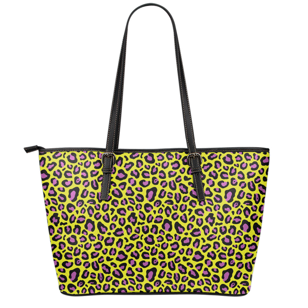 Yellow And Purple Leopard Pattern Print Leather Tote Bag