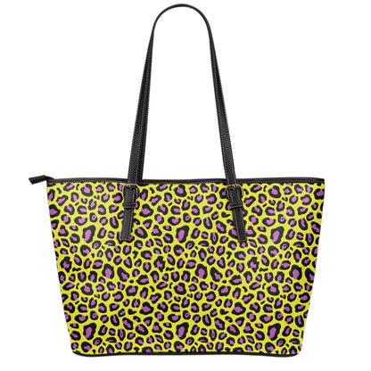 Yellow And Purple Leopard Pattern Print Leather Tote Bag