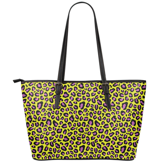 Yellow And Purple Leopard Pattern Print Leather Tote Bag
