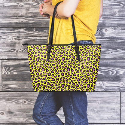 Yellow And Purple Leopard Pattern Print Leather Tote Bag