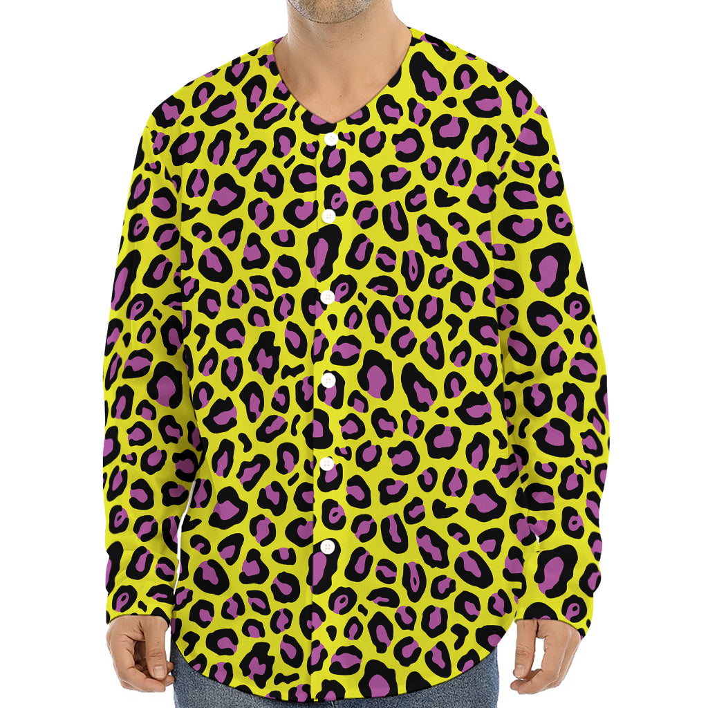 Yellow And Purple Leopard Pattern Print Long Sleeve Baseball Jersey