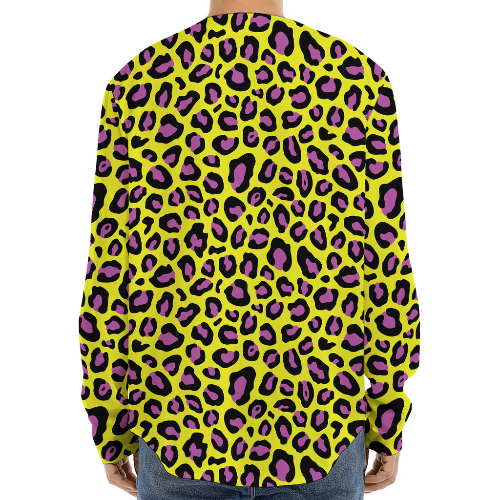 Yellow And Purple Leopard Pattern Print Long Sleeve Baseball Jersey