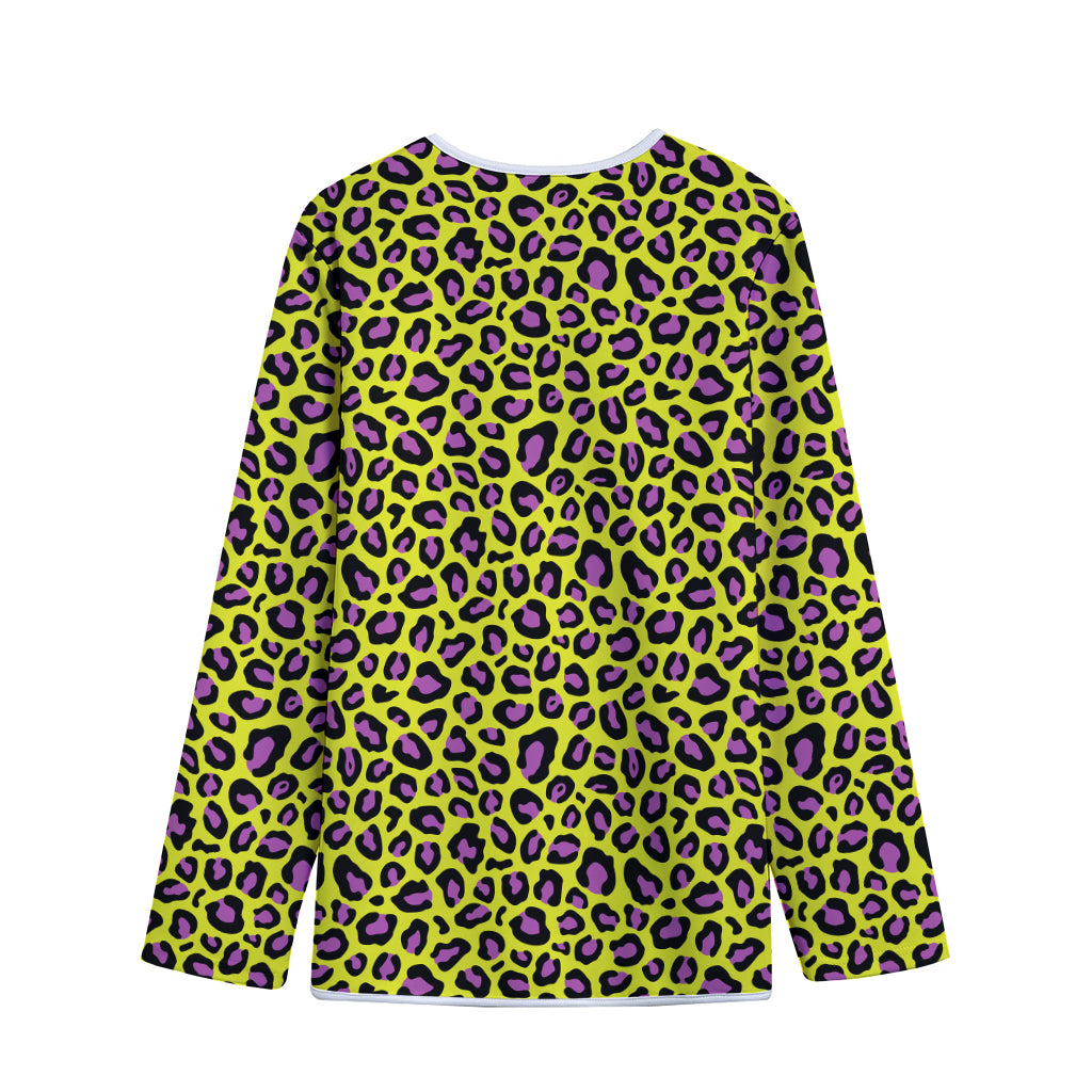 Yellow And Purple Leopard Pattern Print Long Sleeve Short Coat