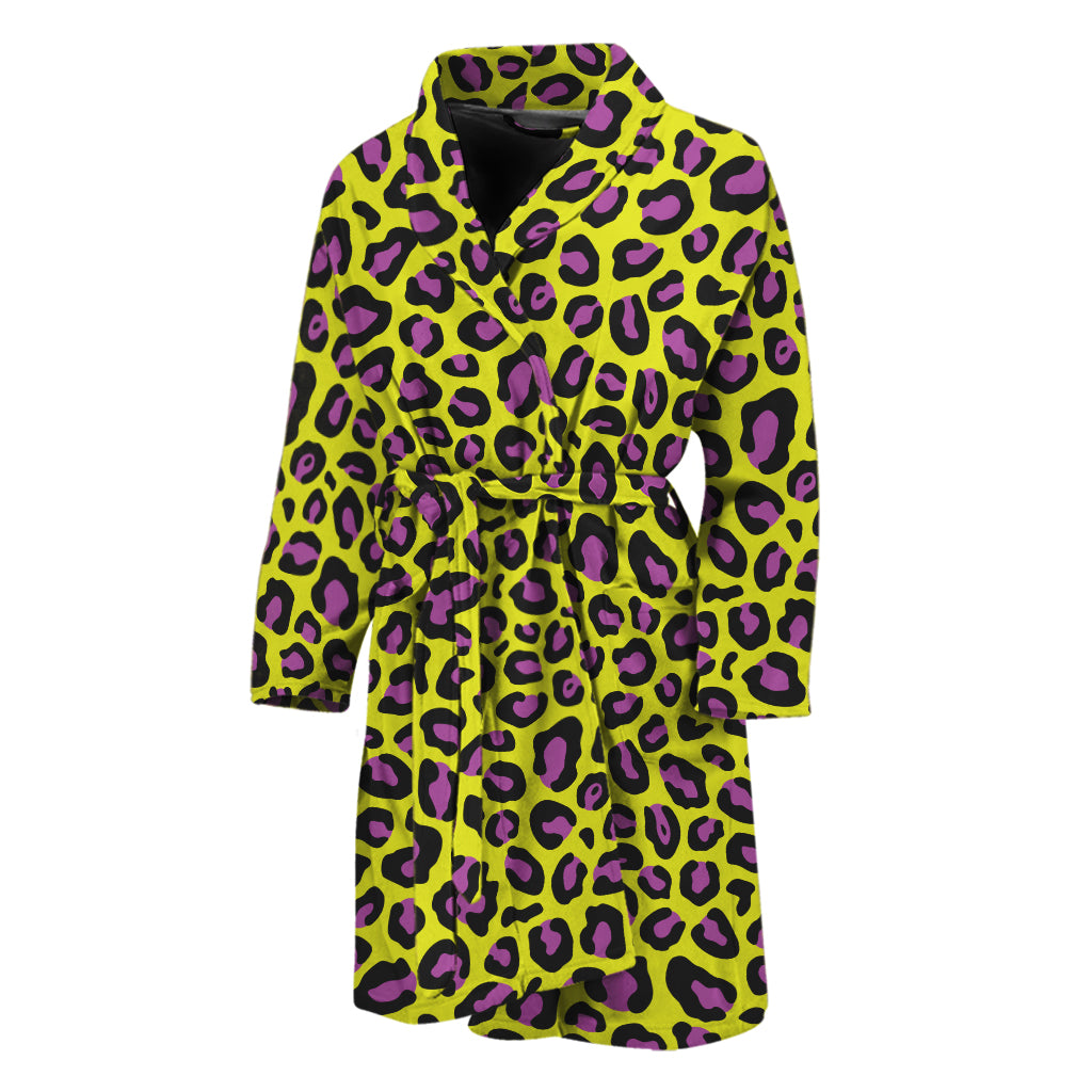 Yellow And Purple Leopard Pattern Print Men's Bathrobe