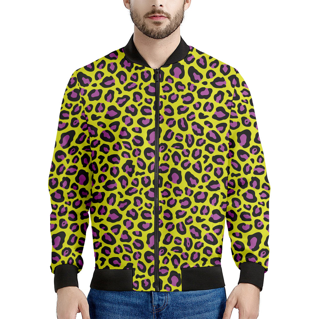 Yellow And Purple Leopard Pattern Print Men's Bomber Jacket