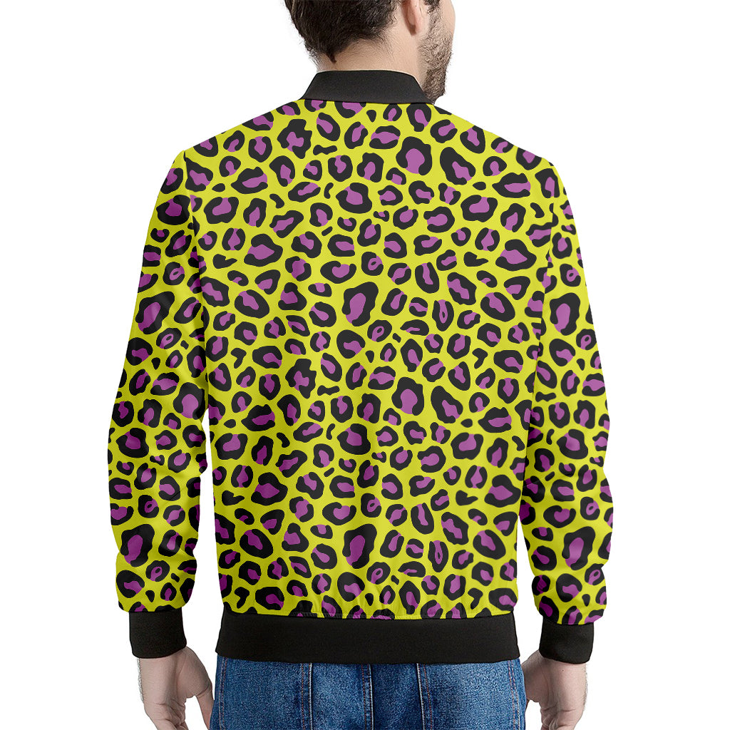 Yellow And Purple Leopard Pattern Print Men's Bomber Jacket