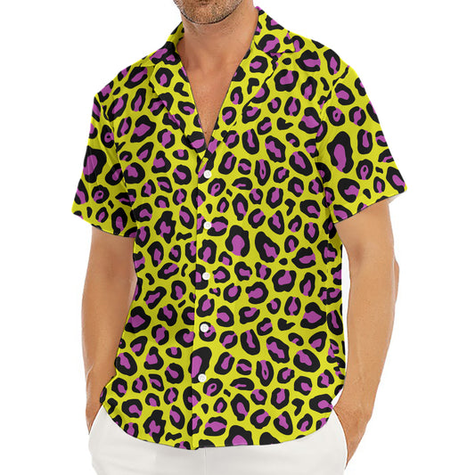 Yellow And Purple Leopard Pattern Print Men's Deep V-Neck Shirt