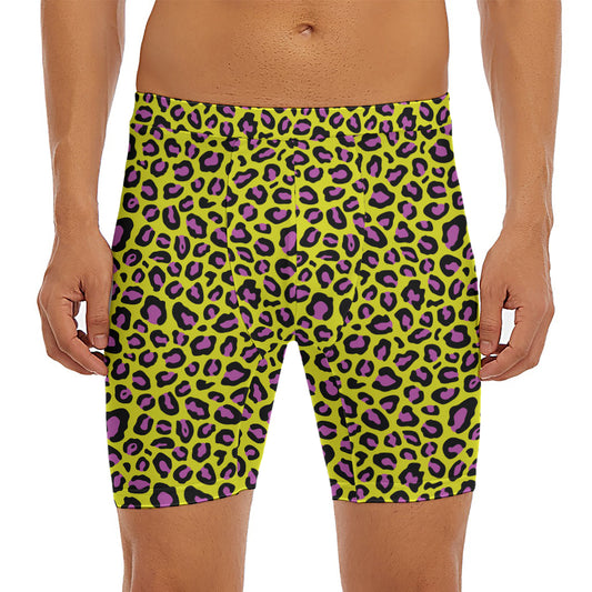 Yellow And Purple Leopard Pattern Print Men's Long Boxer Briefs