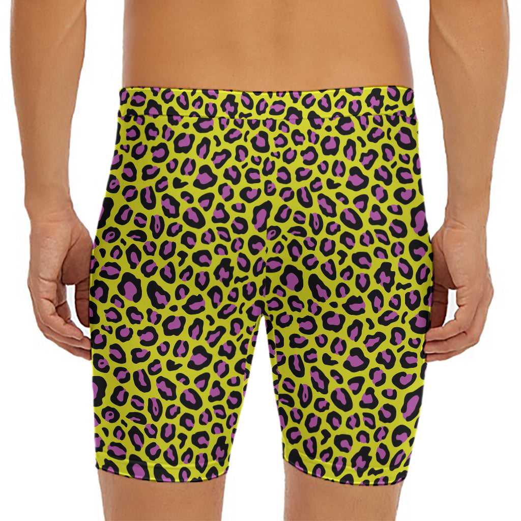 Yellow And Purple Leopard Pattern Print Men's Long Boxer Briefs