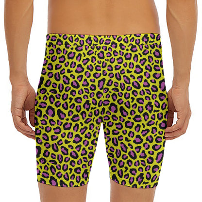 Yellow And Purple Leopard Pattern Print Men's Long Boxer Briefs