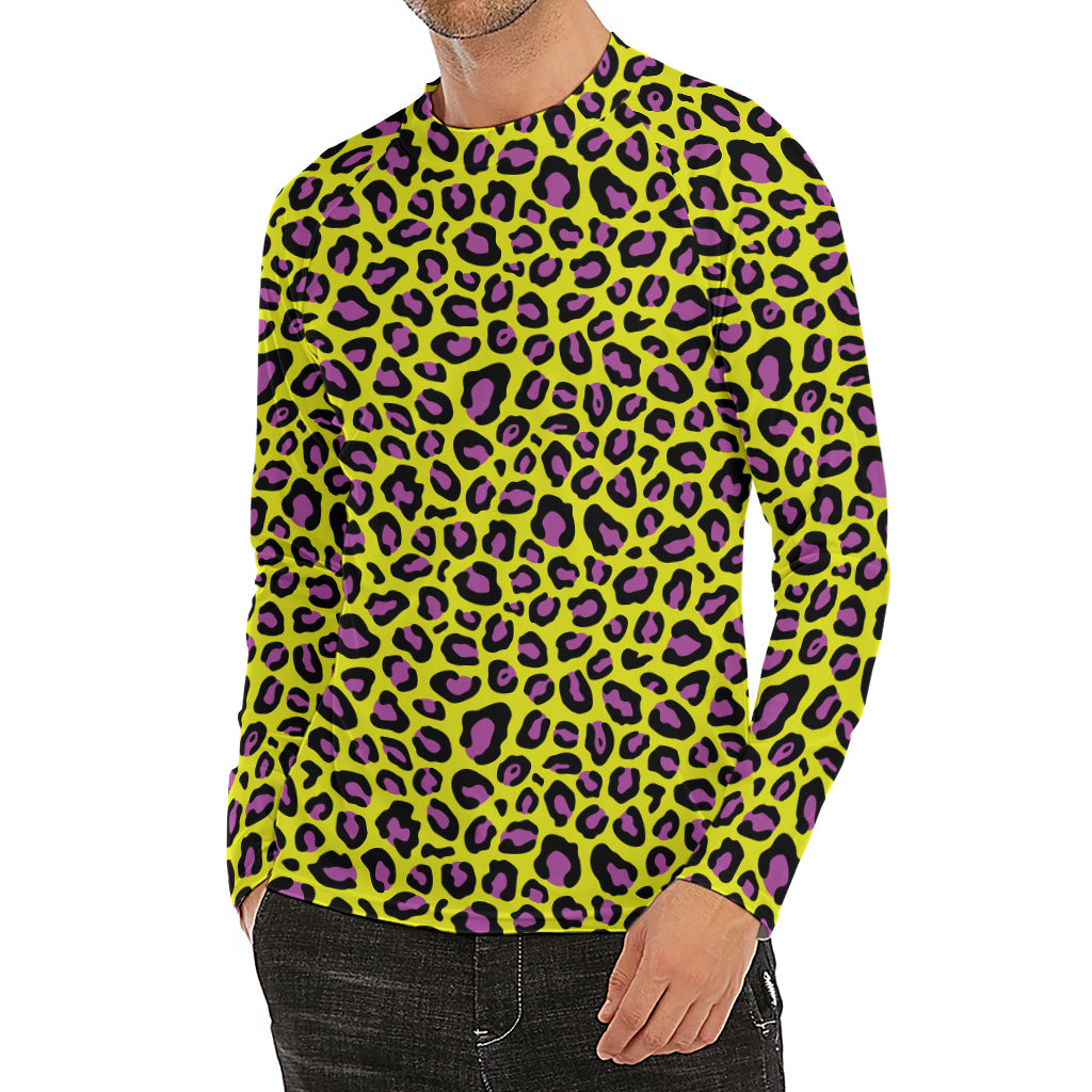 Yellow And Purple Leopard Pattern Print Men's Long Sleeve Rash Guard