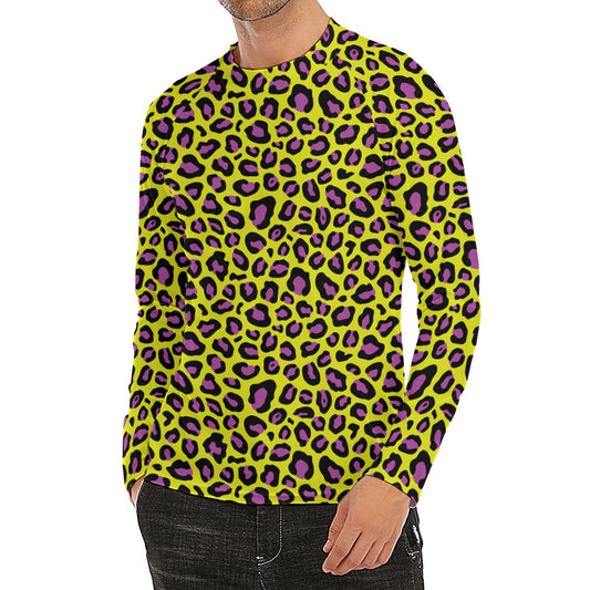 Yellow And Purple Leopard Pattern Print Men's Long Sleeve Rash Guard