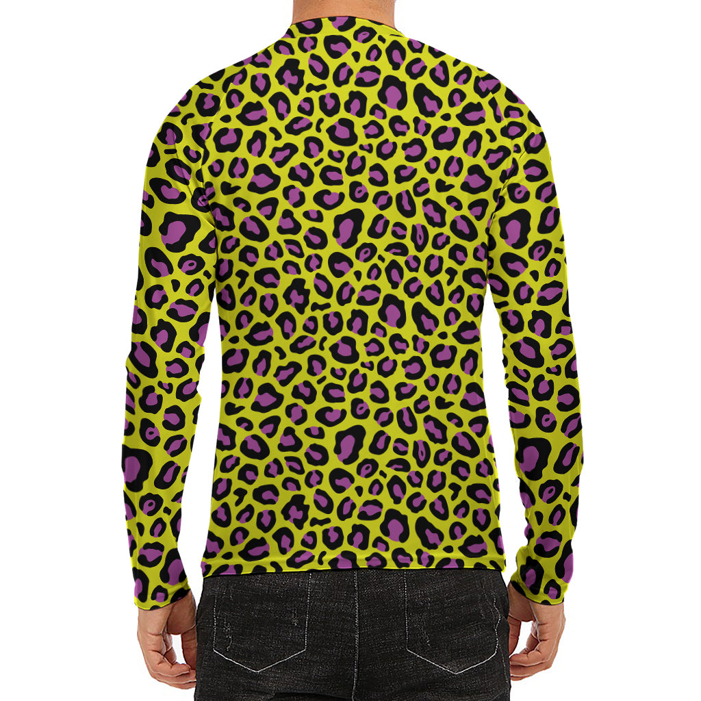Yellow And Purple Leopard Pattern Print Men's Long Sleeve Rash Guard