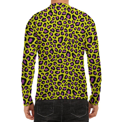 Yellow And Purple Leopard Pattern Print Men's Long Sleeve Rash Guard